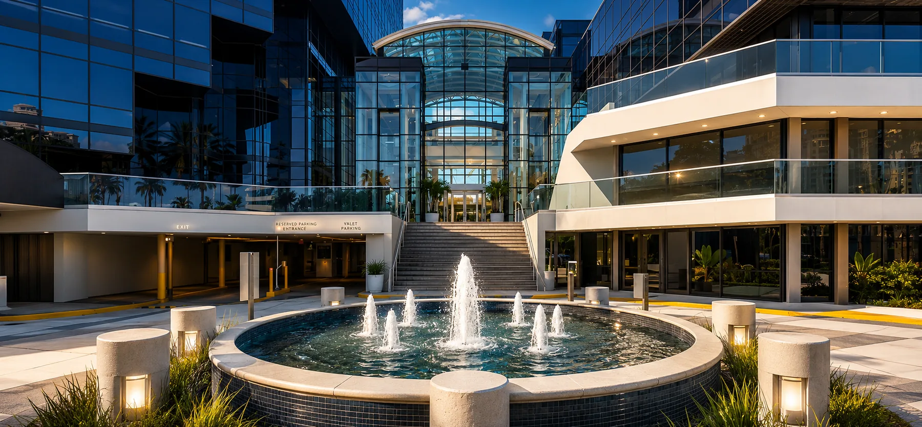 Sterling Cooper’s West Palm Beach executive office with glass atrium and fountain courtyard