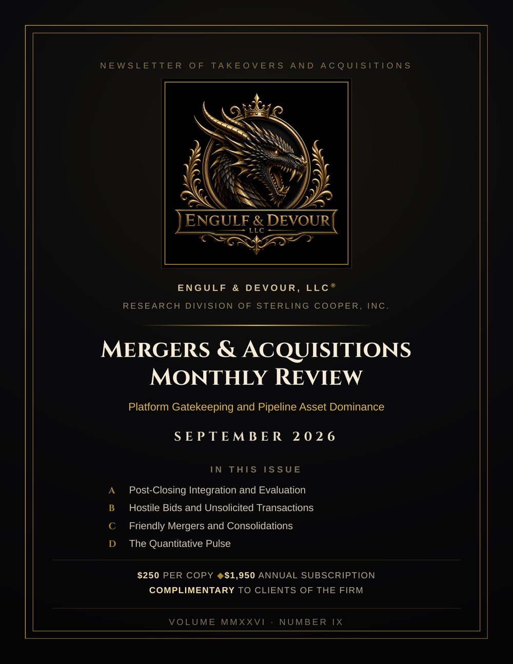 September 2026 Mergers and Acquisitions Monthly Review cover with the Engulf and Devour crowned dragon emblem in gold